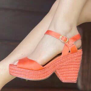 Colin Stuart Orange Satin Wedges Platform Chunky Heels Size 6.5